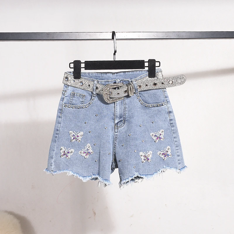 

2025 summer new high waisted slimming fashion denim shorts heavy-duty nail bead flower elastic straight leg hot pants