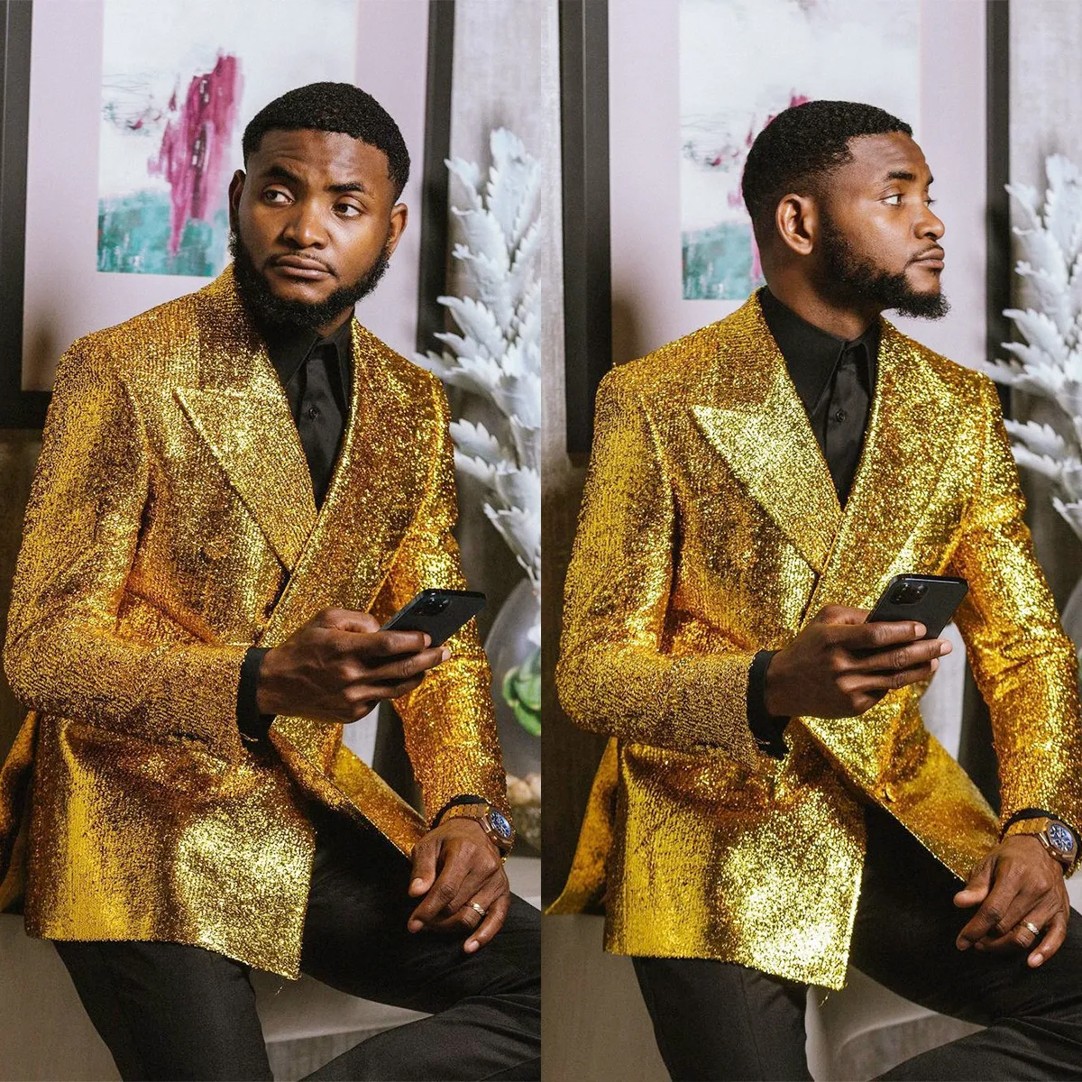 

Custom Latest Design Fashion Shiny Gold Wedding Suits For Men Formal Groom Party Tuxedo Prom man Slim Blazer Black Pants 2 Piece