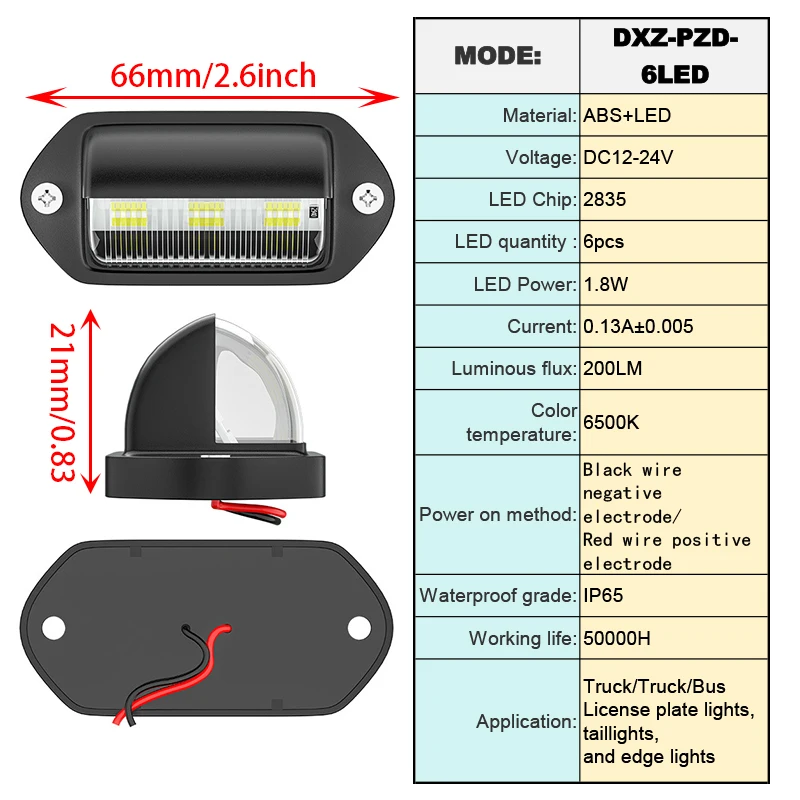 2 PCS Car Truck License Plate Light Lamp 12-24V 6 LED Cars Bus Taillight  Edge Lights White Bulbs Motorcycle Signal Light