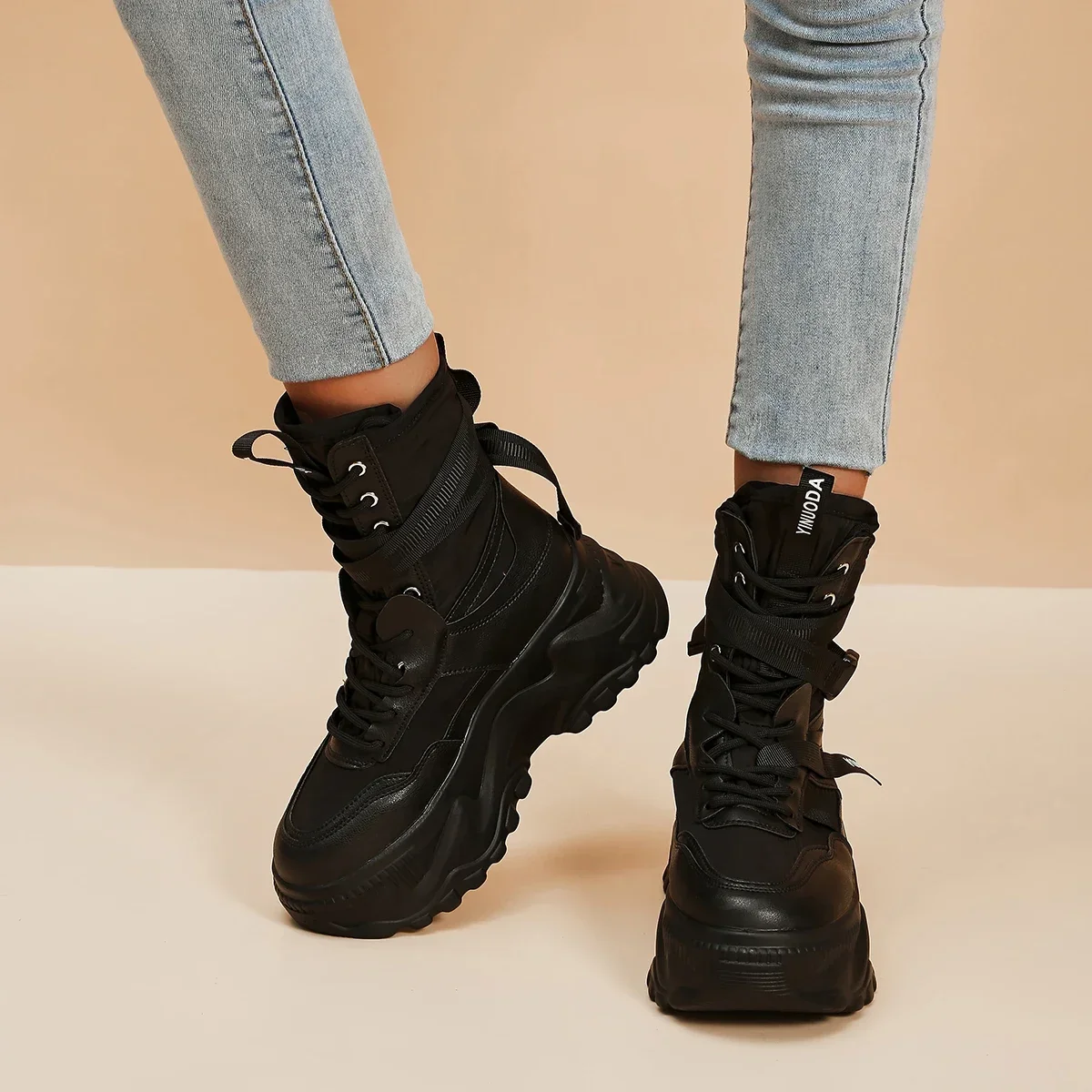 

Chunky Platform Black Motorcycle Boots Thick Bottom Lace Up Vulcanized Shoes Woman Autumn Winter 2023 Ankle Botas De Mujer 2022