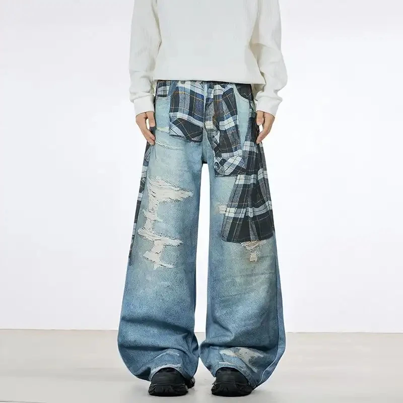 

Men's and Women's Fashion 3D Plaid Patterned Jeans with Drawstrings American Street Style Designer Curved Leg Design Loose Strai