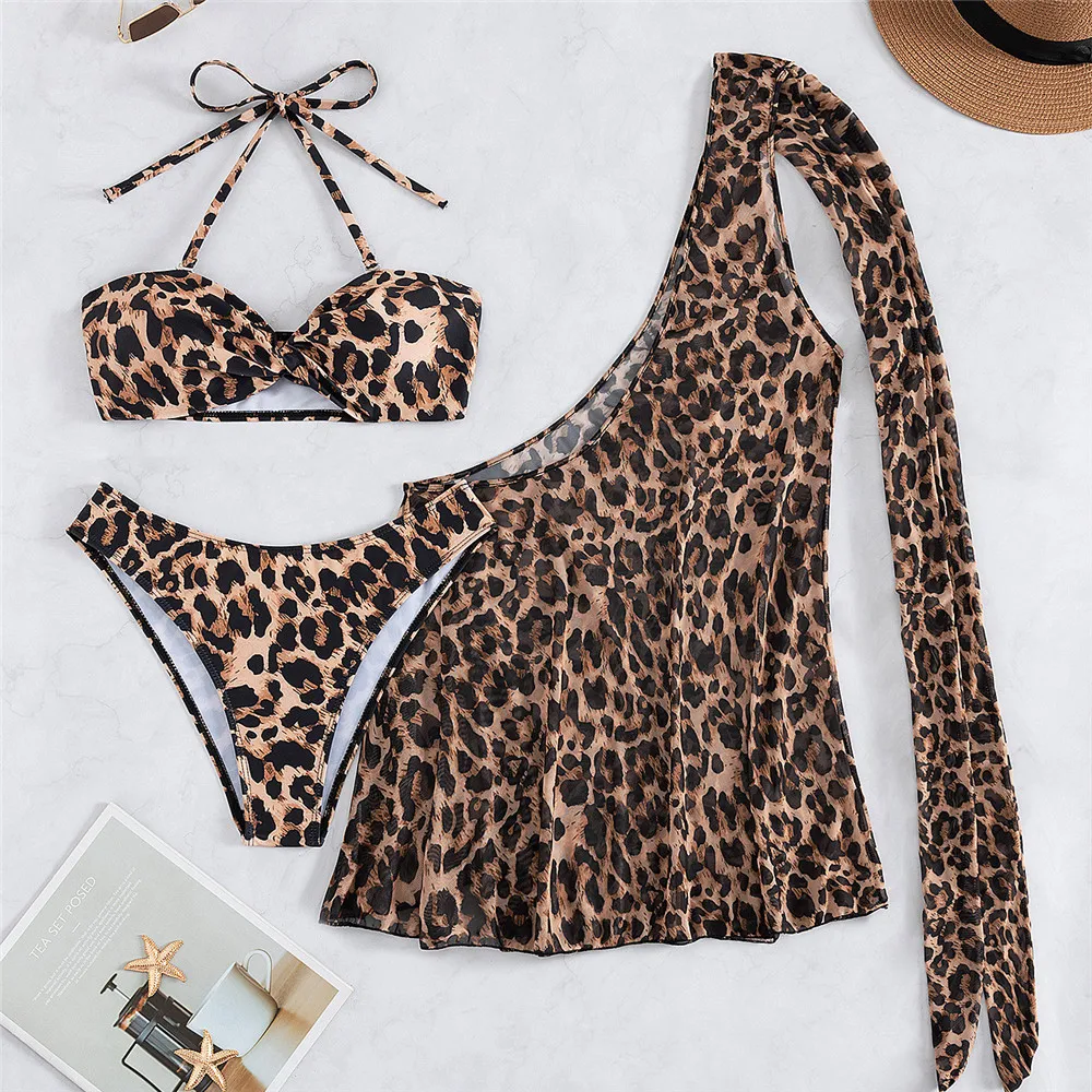 

Leopard Print Swimwear String Halter 3 Piece Bikini Set One Shoulder Dress Cover Up Sexy Swimsuit Women 2025 Bikini Bathing Suit