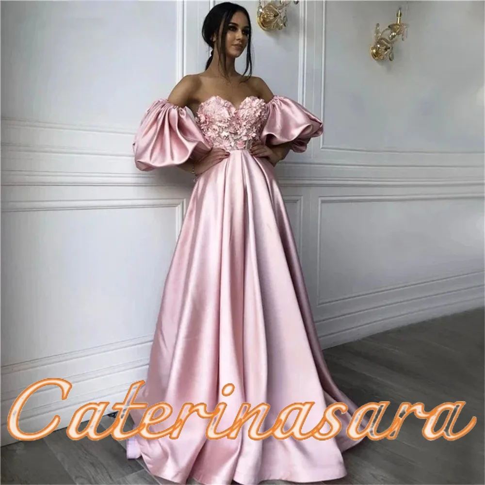 Querida rosa vestidos de noite com espartilho, vestido formal de baile, mangas meio puff, vestidos sauditas, apliques, 2024