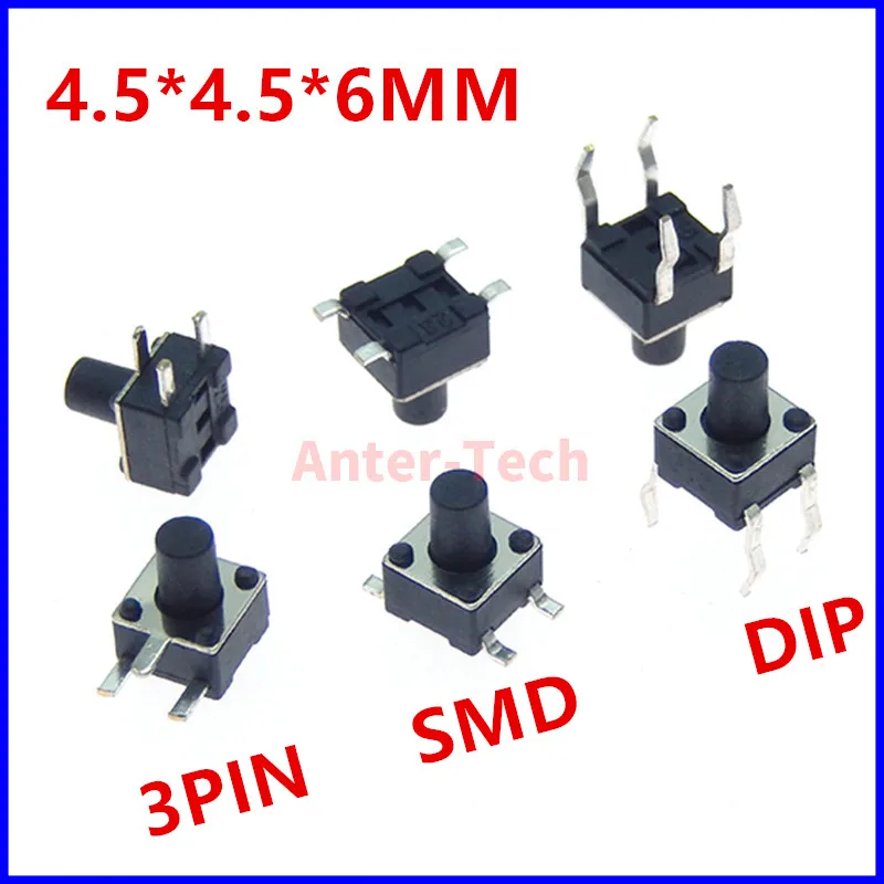 20PCS 4.5x4.5x6MM panel PCB4.5*4.5*6MM momentary switch toy switch DIP side 3 pins direct insert 4 pins patch 4 pins