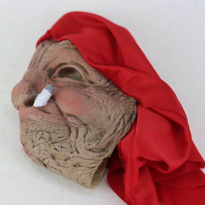 Cosplay Smoking Granny Masks Cosplay Party Costume Props Latex Mask Lady Grandma with Wrinkled Face and Red Scarf