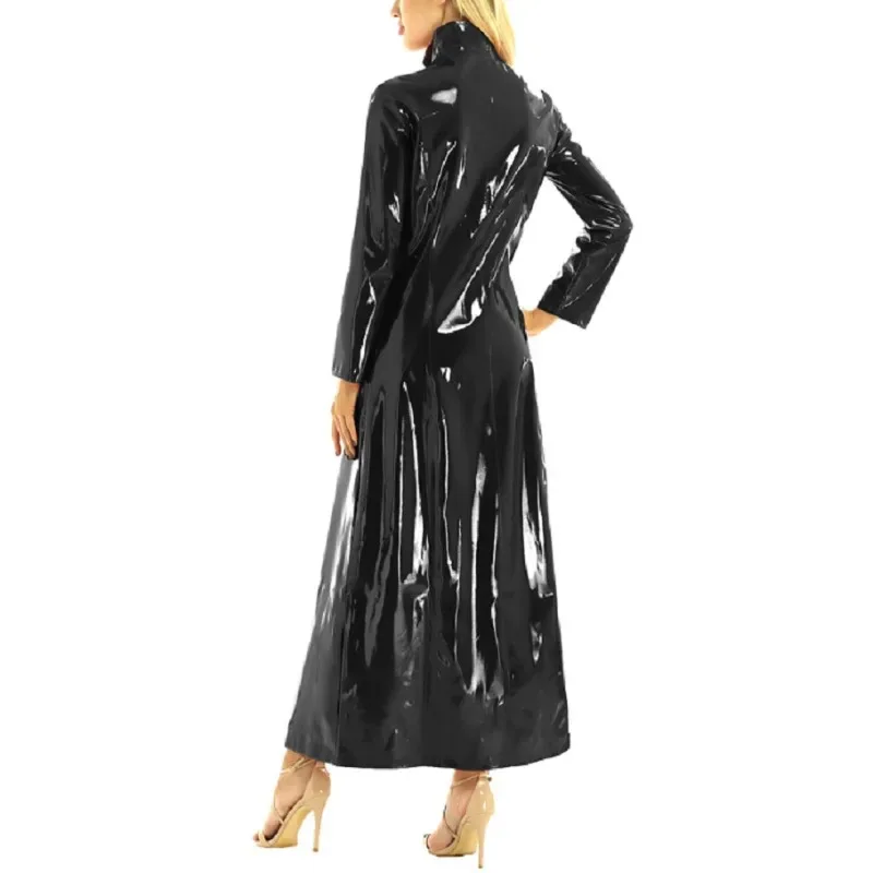 Gabardina larga de látex Wetlook para mujer, disfraz de Halloween de cuero PVC, chaqueta Sexy de manga larga con cremallera, cortavientos, ropa de calle
