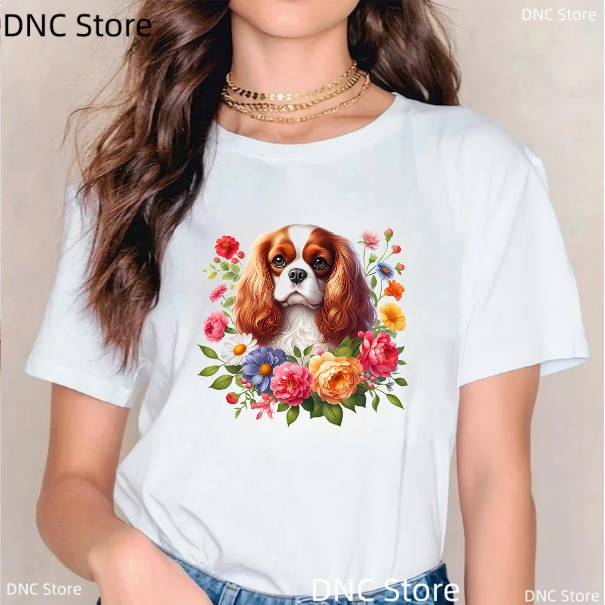 

An English Cocker Spaniel With Beautiful Colored Flowers Animal Print Women'S T-Shirt Fashion Harajuku Kawaii Tshirt Femme Tops