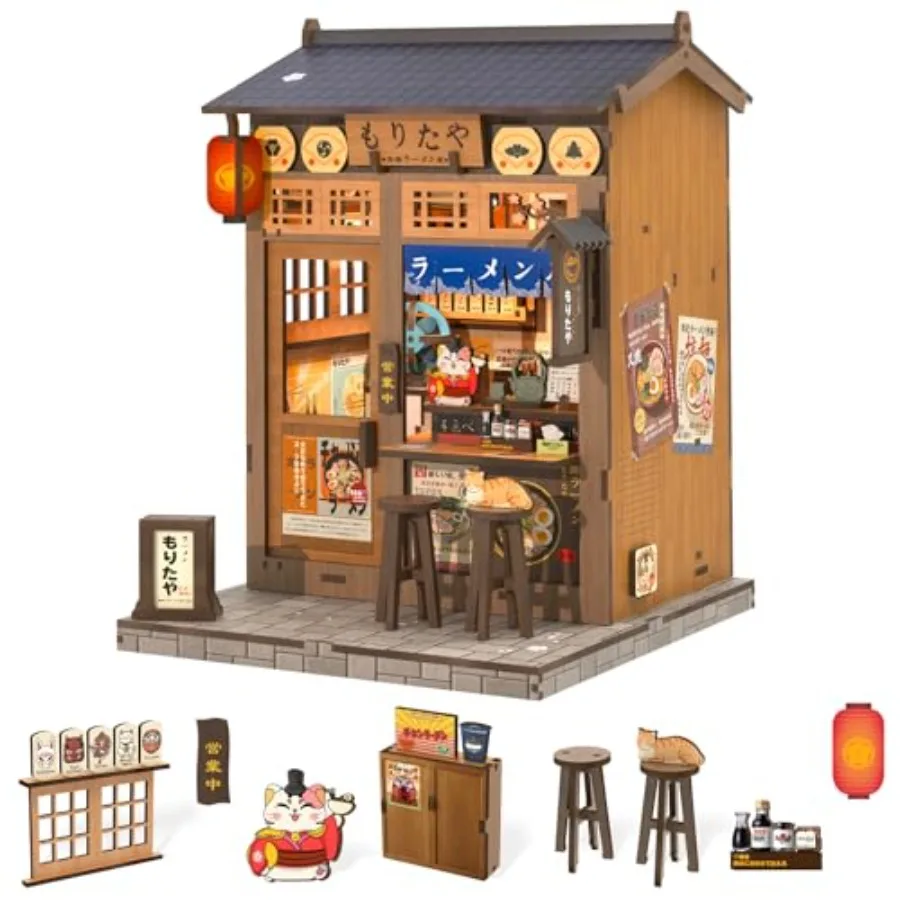 

Набор для сборки 3D-пазла Book Nook DIY: миниатюрная сцена лапшичной с текстурой дерева и коричневым цветом, детализированная модель для творчества