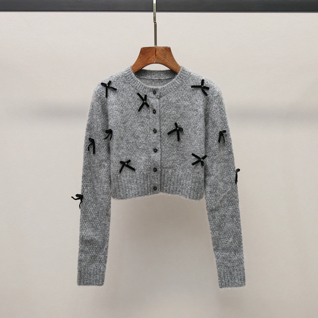 

Sweet Princ Sle ort Knitted Cardigan round Ne Knot Sequin Embellied Open Front Loose Fit Women's Sweater