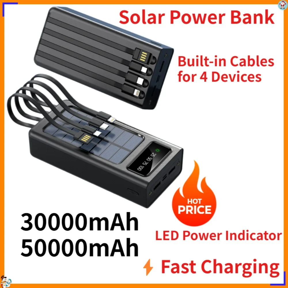 

30000mAh 50000mAh Solar Power Bank with Built-in Cables, High Capacity Fast Charging Portable Battery Pack for Camping Travel