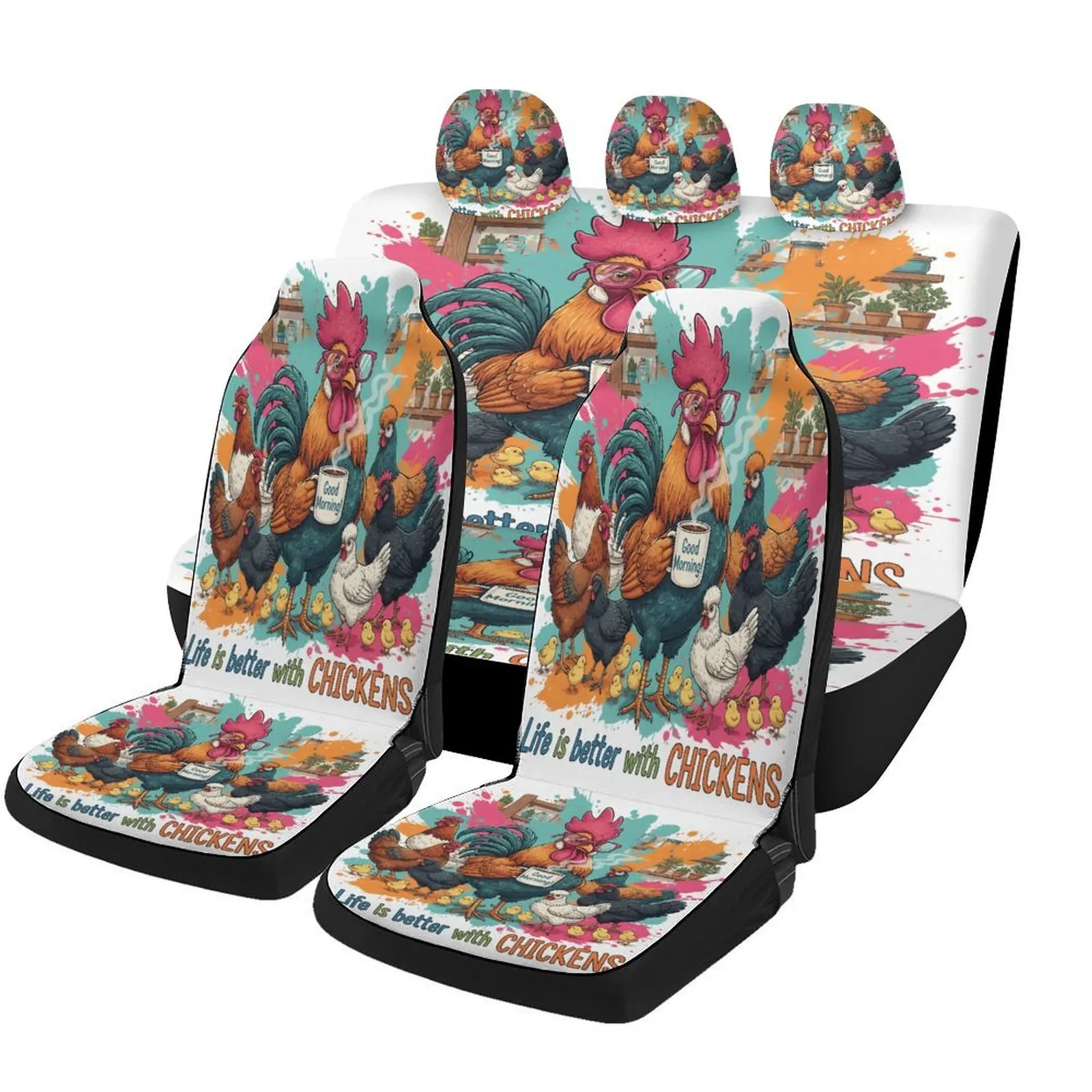 Chicken Morning Life Themed Car Seat Cover Set - Vibrant Chicken Design With 