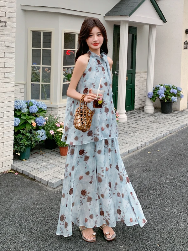 

Blue Floral Print Casual Set Women's Summer 2025 New Holiday Sle Top And ter Ne f Skirt Two Piece Set Anti Aging