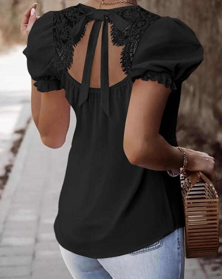 Top Women 2024 Summer Fashion Puff Sleeve Eyelash Lace Patch Tied Detail Casual Round Neck Plain Short Sleeve Daily T-Shirt Top