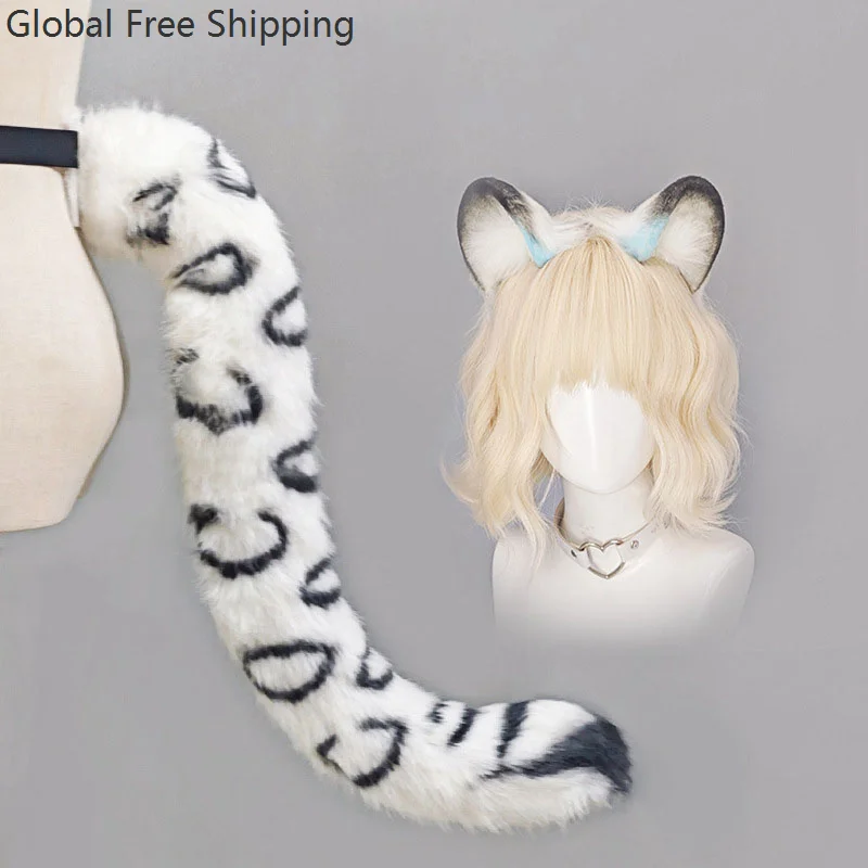 Faux Fur Snow Leopard  Set Animal Leopard Headband Tail Plush Round Ears Cosplay Hair Clips Party Cosplay Prop Lolita Hairband