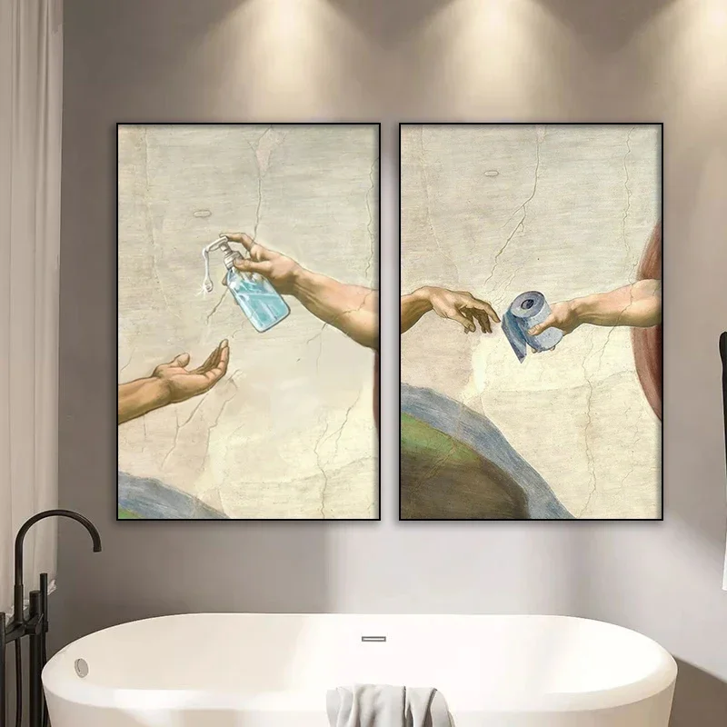 Retro Hand of God and Adam Funny Toilet Paper Picture Canvas Painting Poster For Wash Room Bathroom Living Wall Art Home Deco