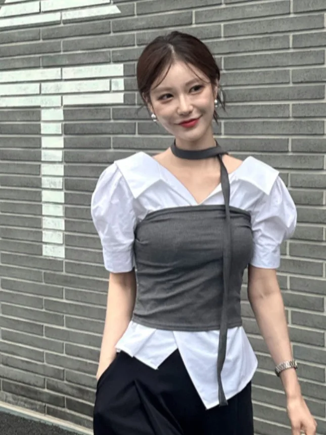

Women's Bubble Sleeve Shirt Vintage Striped Slim Fit Short Sleeve V-Neck Casual Breathable Fashionable Korean Style Top