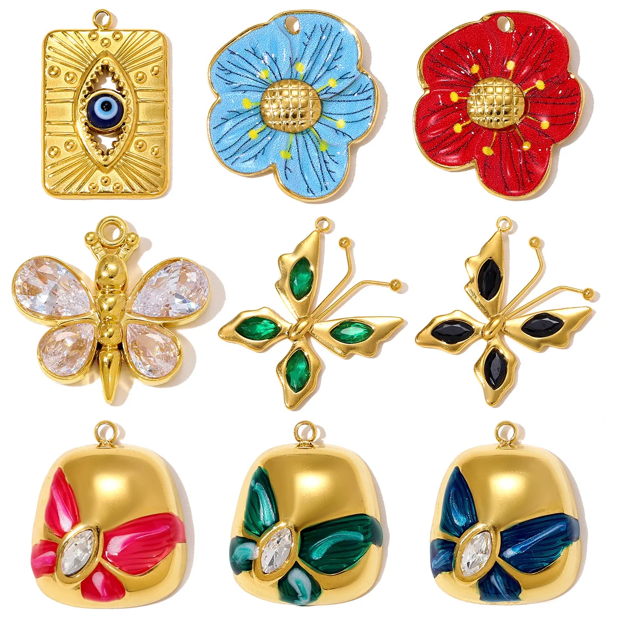 3pcs/Lot Stainless Steel Hollow Evil Eye Necklace Pendants Crystal Butterfly DIY Earring CharmS Women Enamel Flower Jewelry