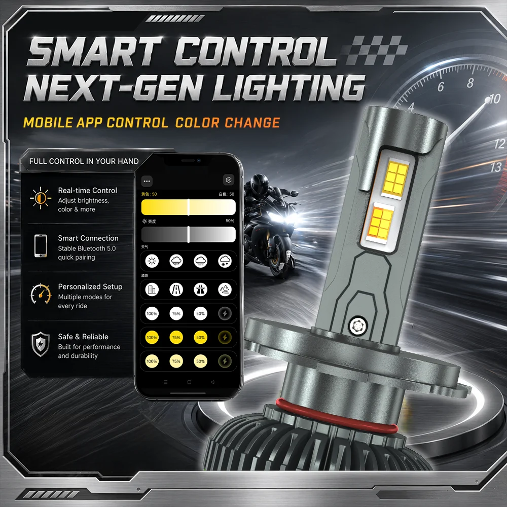 H4 Bluetooth APP Control LED Headlights Tri Color Motorcycle Turn Signal Lights Auto Fog Lamps Light Bulb for Moto Accessories