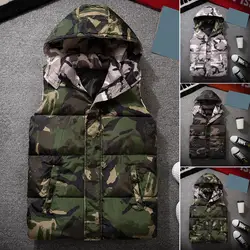 Winter Men Waistcoat Camouflage Thickened Cotton Padded Windproof Zipper Hooded Vest Coat for Daily Wear