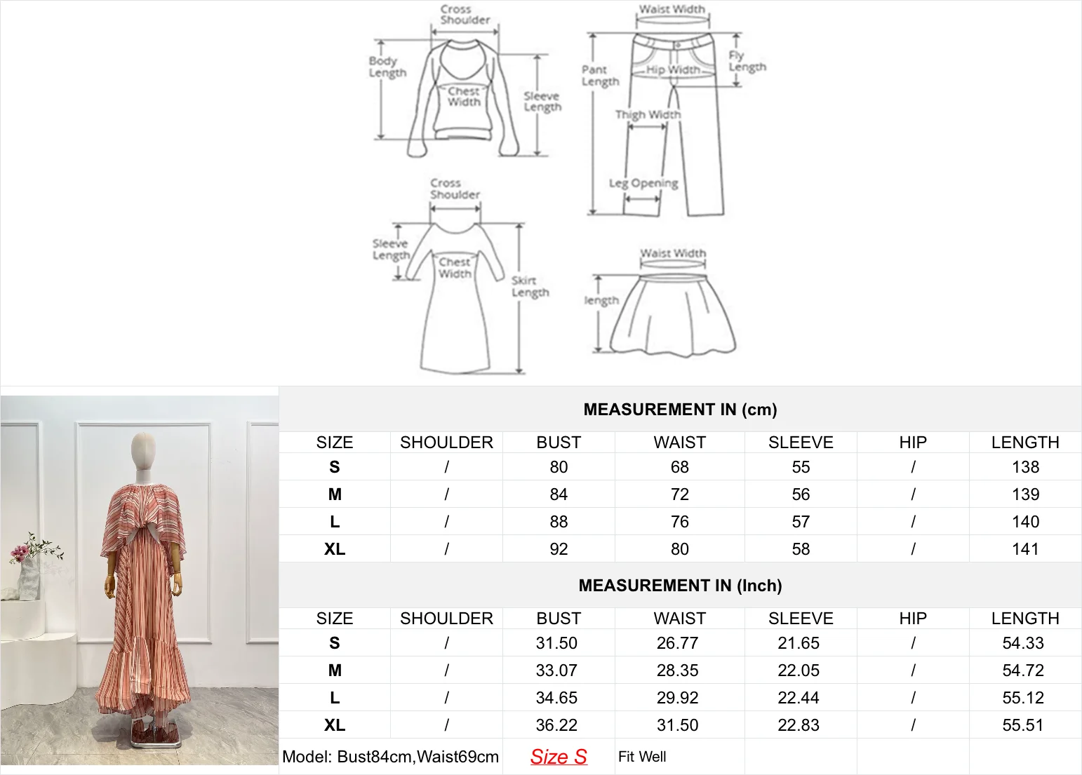 2026 Damen-Maxikleid, rot, gestreift, langärmelig, Rüschen, Taille, aushöhlen, Schultern, mit geschnittenem Cape-Stil, Overlay, Meerjungfrau-Maxikleid