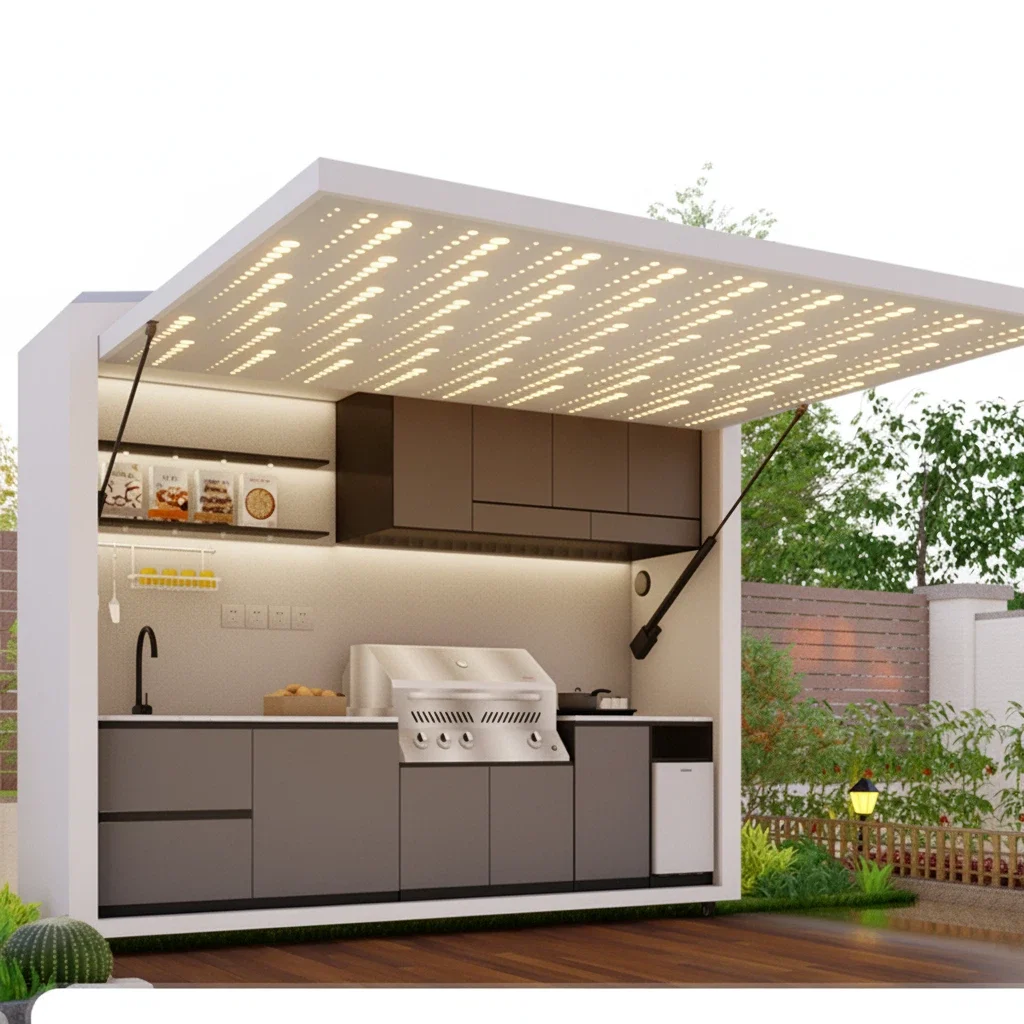 Heavy-Duty Aluminum Outdoor Kitchen Cart with LED Canopy and Full Cooking Setup
