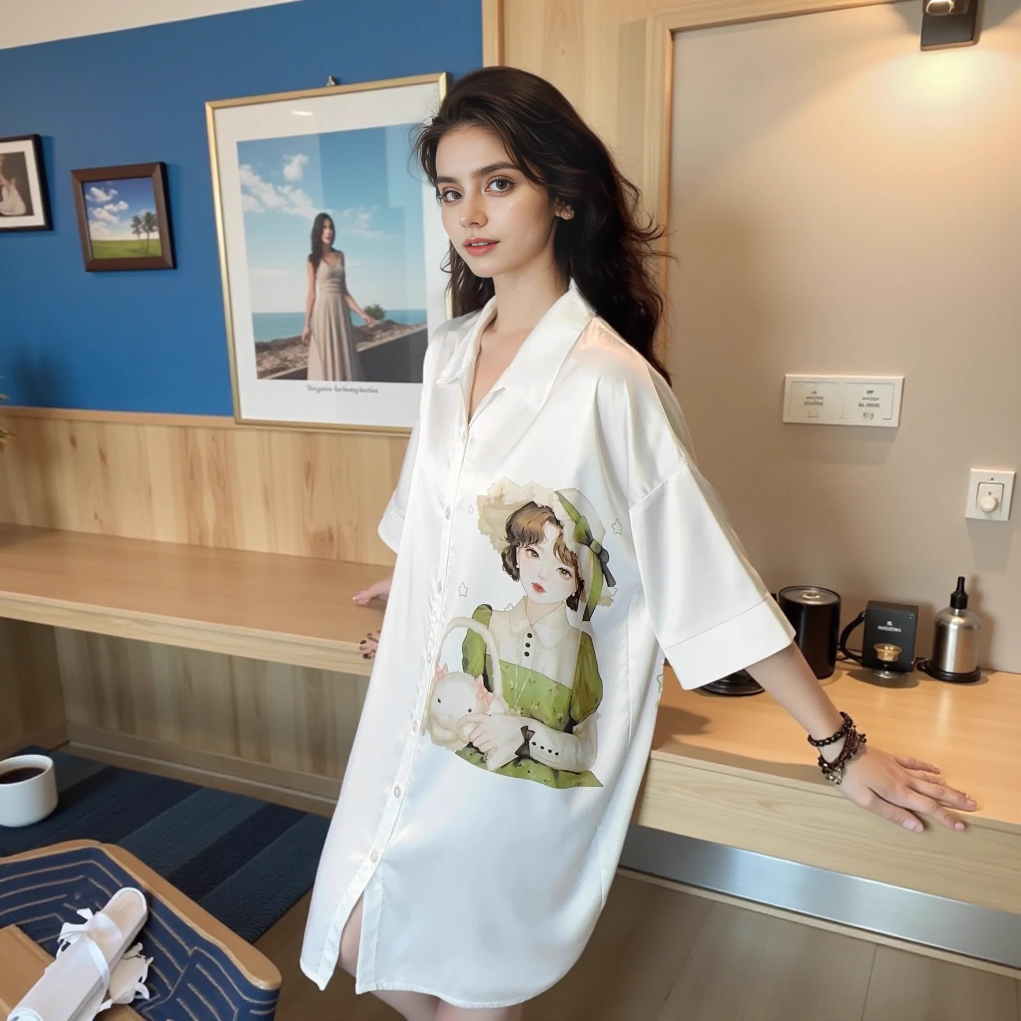 بيجامة نسائية رومانسية كبيرة الحجم من الساتان، ملابس نوم طويلة قابلة للتنفس وناعمة ومثيرة، مناسبة للربيع والصيف والخريف.