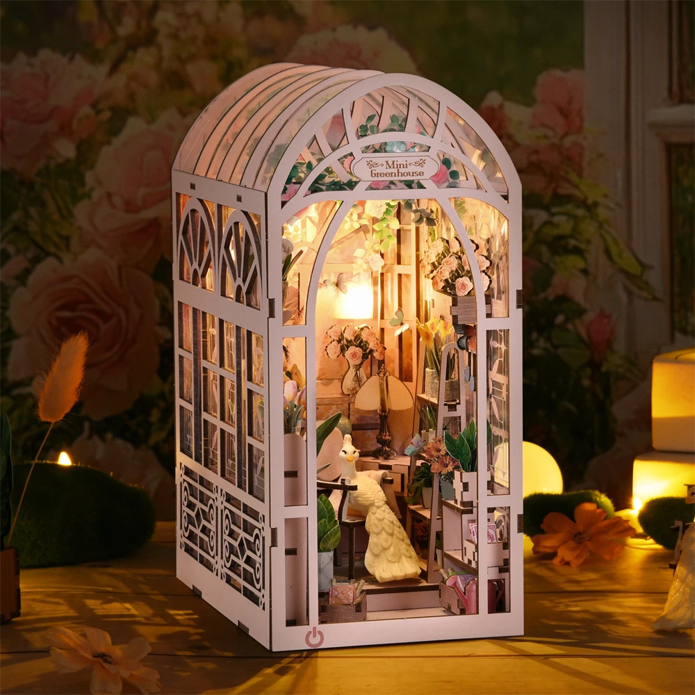 Book Nook Kit Greenhouse Sunlight Room Dollhouse Booknook 3D Wooden Puzzle Miniature Doll House For Bookshelf Insert Furniture