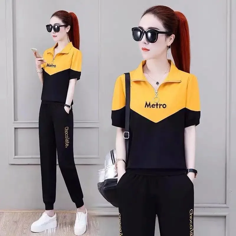 2024 Summer Women Two Piece Sets Half Zipper T-Shirts+Sports Pants Female Fashion Patchwork Oufits Ladies Casual Loose Tracksuit