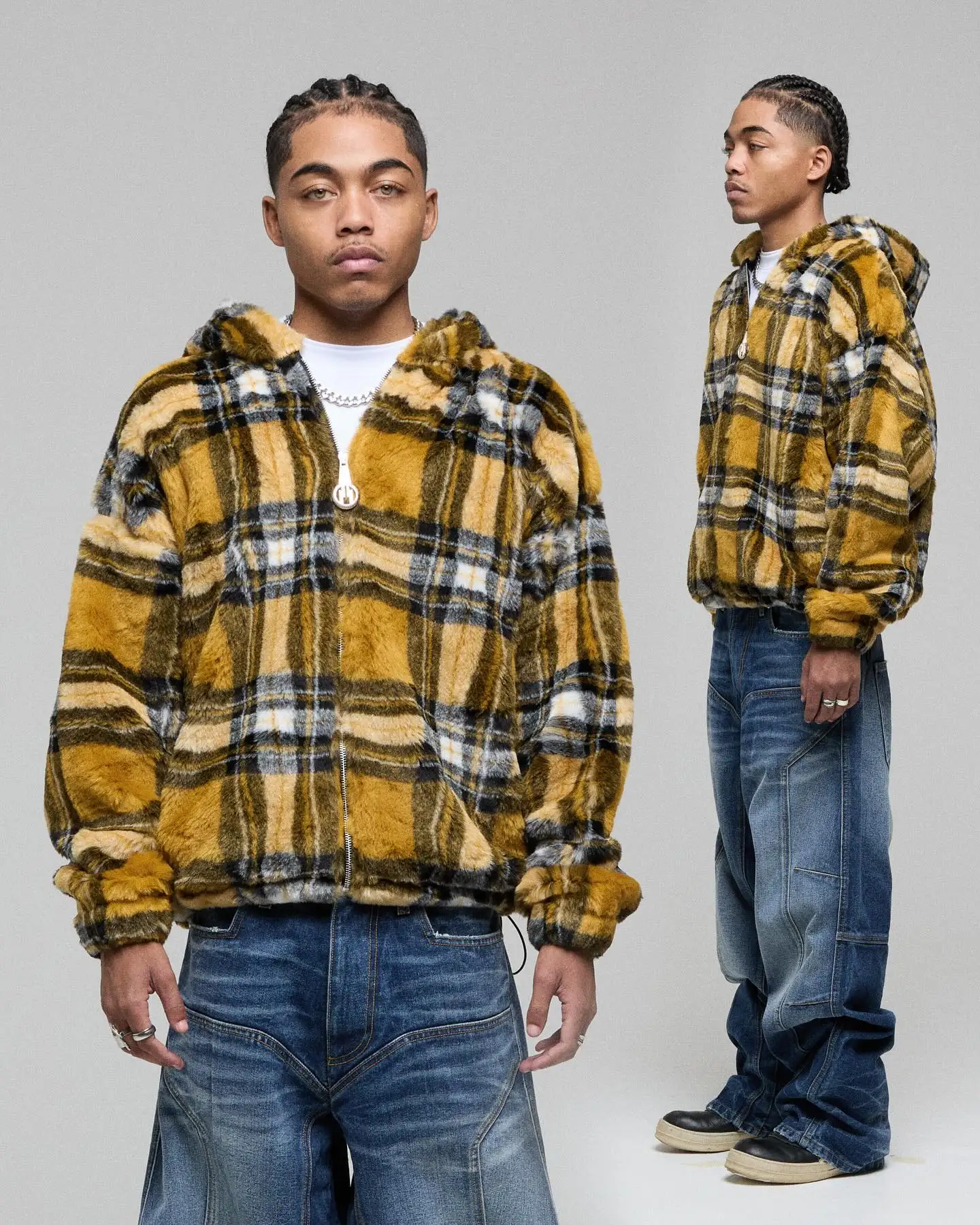 

Модная пушистая толстовка с капюшоном в клетку для женщин, зимняя верхняя одежда большого размера с длинными рукавами