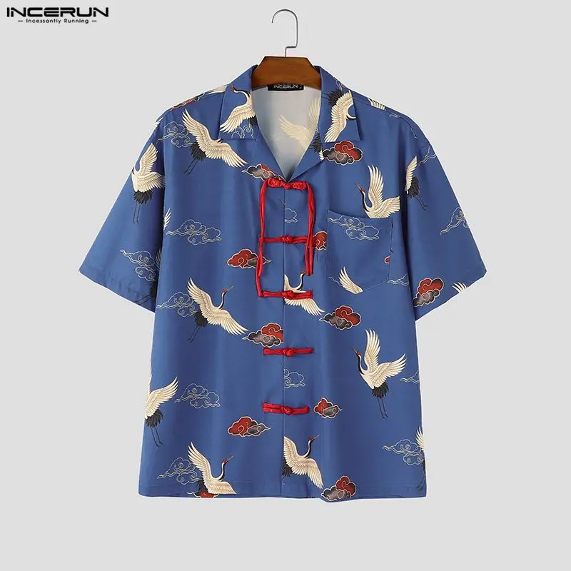 

INCERUN Men Shirt Printing Lapel Short Sleeve Summer Casual Male Tops Vintage Streetwear Button 2026 Loose Fashion Men Clothing