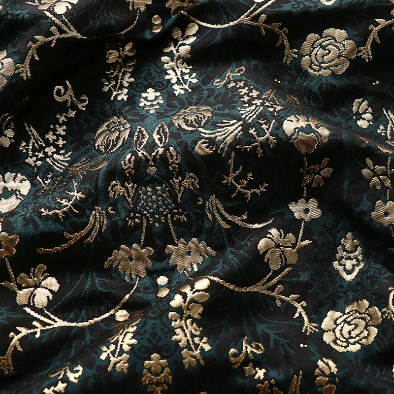 

Yarn-Dyed Gold Silk Rose Embossed Jacquard Fabric Dark Atrovirens Vintage Chinese Style Luggage Fabric Diy Handwork Cloth