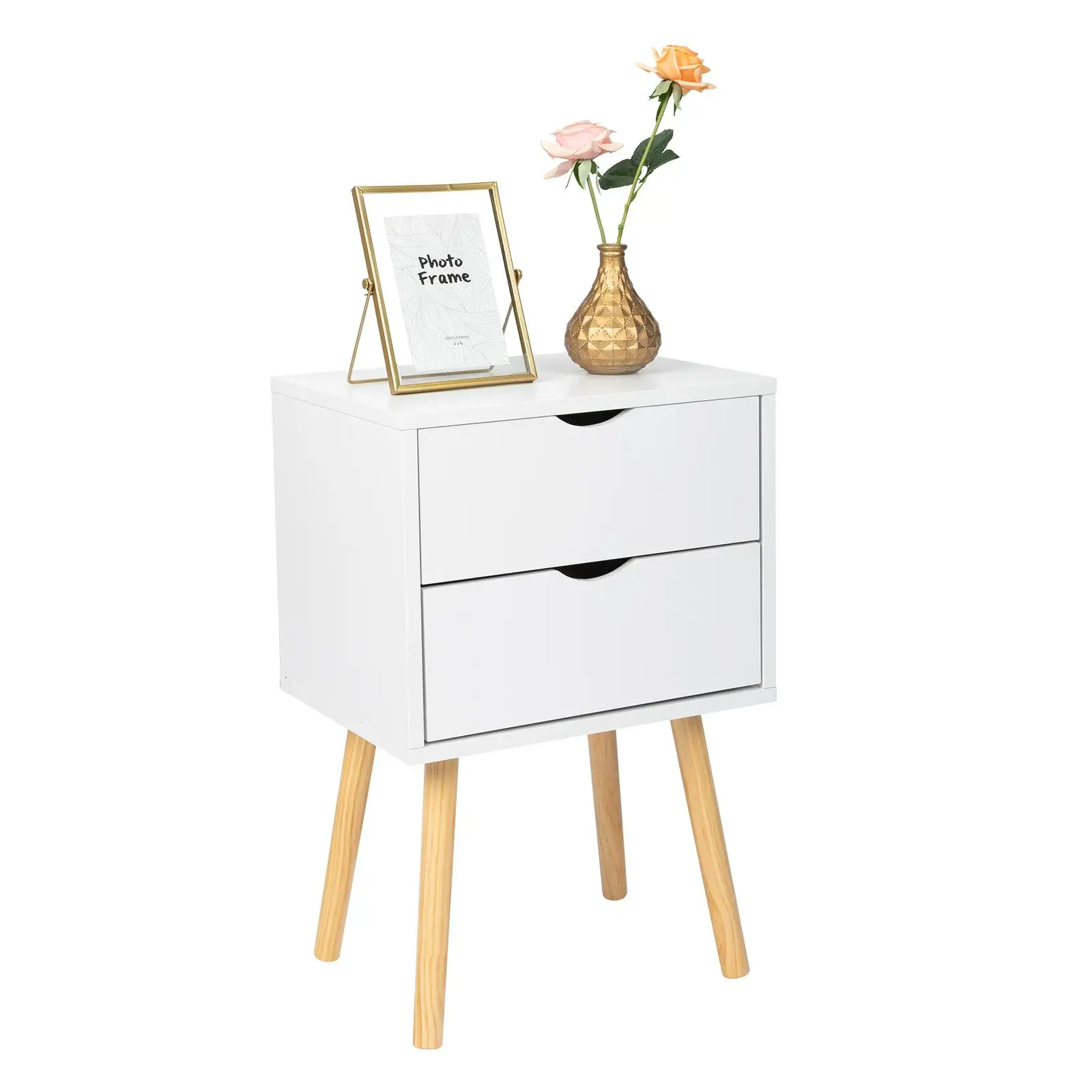 Modern 40x30x60cm White Cabinet with Wood Legs, Finish, High Legs, 2 Drawer Bedside Table