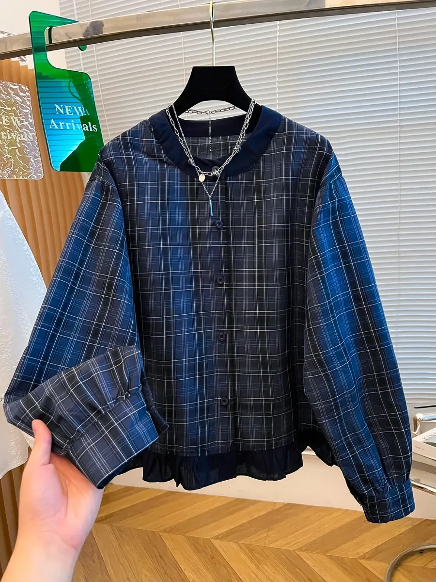 

Японская женская рубашка в клетку больших размеров, свободного кроя, с эффектом похудения, дышащая, из хлопка, с длинным рукавом и круглым вырезом