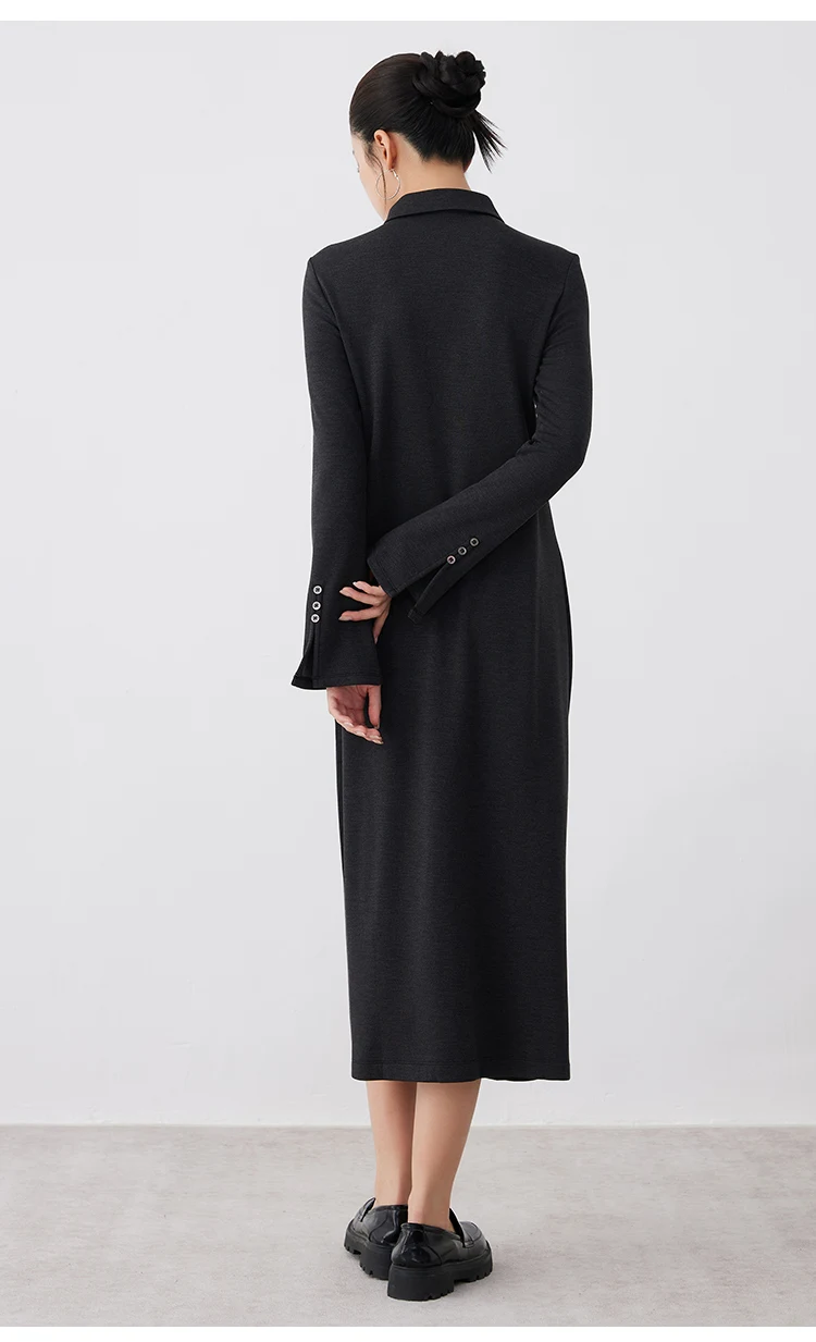 K2690W Acetat-Wollkleid für Herbst und Winter, Midi-Länge, lange Ärmel, hochwertige Luxus-Damenbekleidung – Detail 7