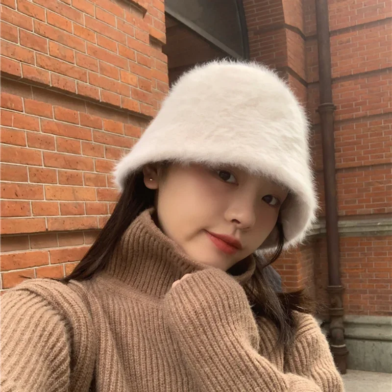 New Fashion Artificial Rabbit Fur Bucket Hat Women Autumn Winter Warm Thickened Fisherman Hat Panama Plush Basin Hat Lady Cap