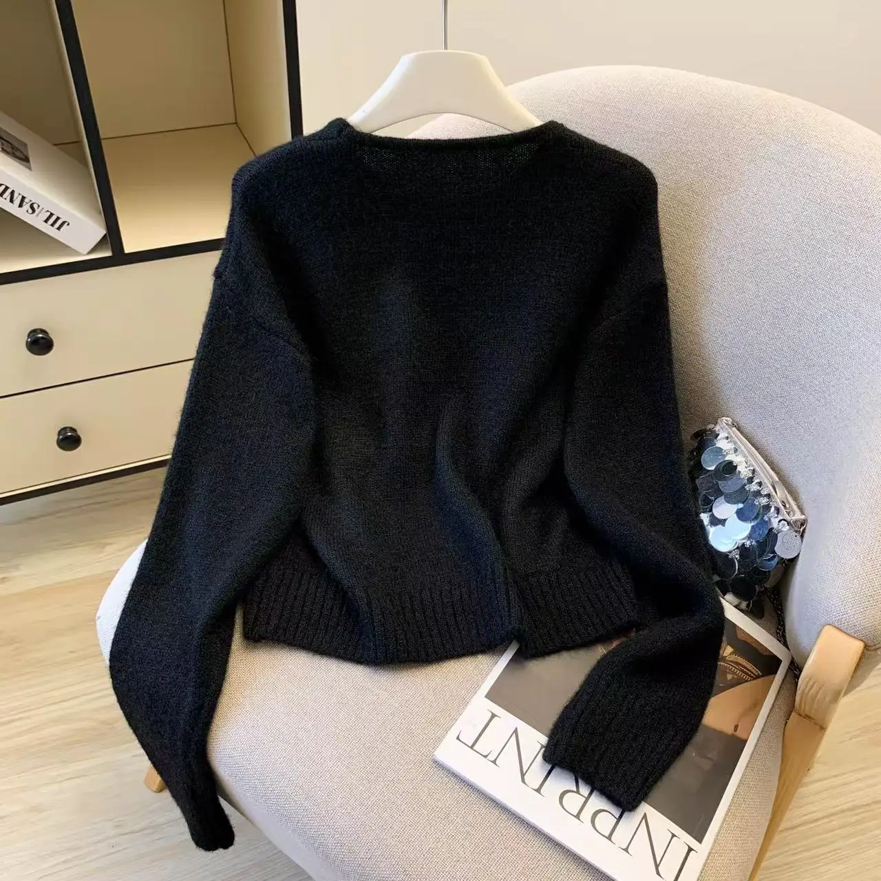 Pullover ricamato gotico nero da donna maglione coreano vintage anni 2000 Y2k maglione lavorato a maglia maniche lunghe maglione con o-collo primavera autunno