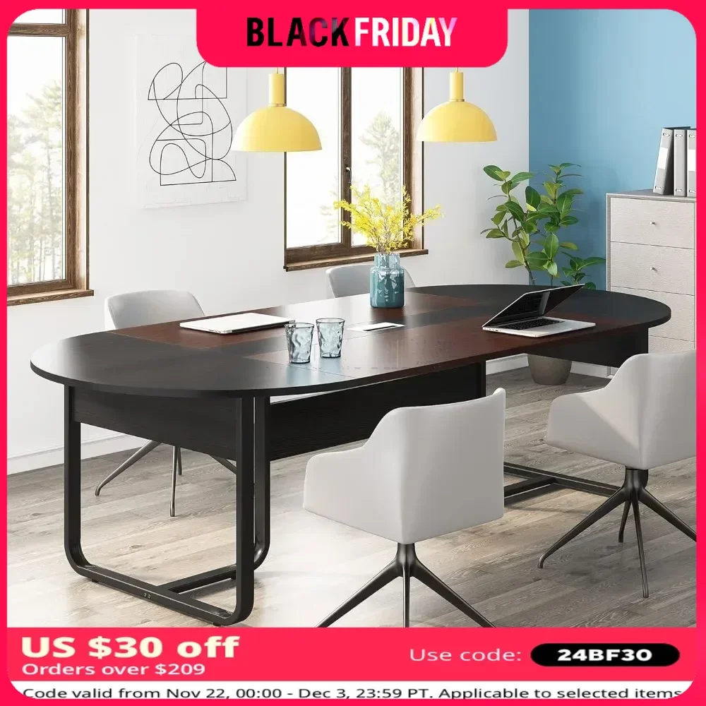 8ft Oval Conference Table Large Meeting Black Industrial Vintage Rectangular Metal Particle Board Wood Finish Includes Hardware