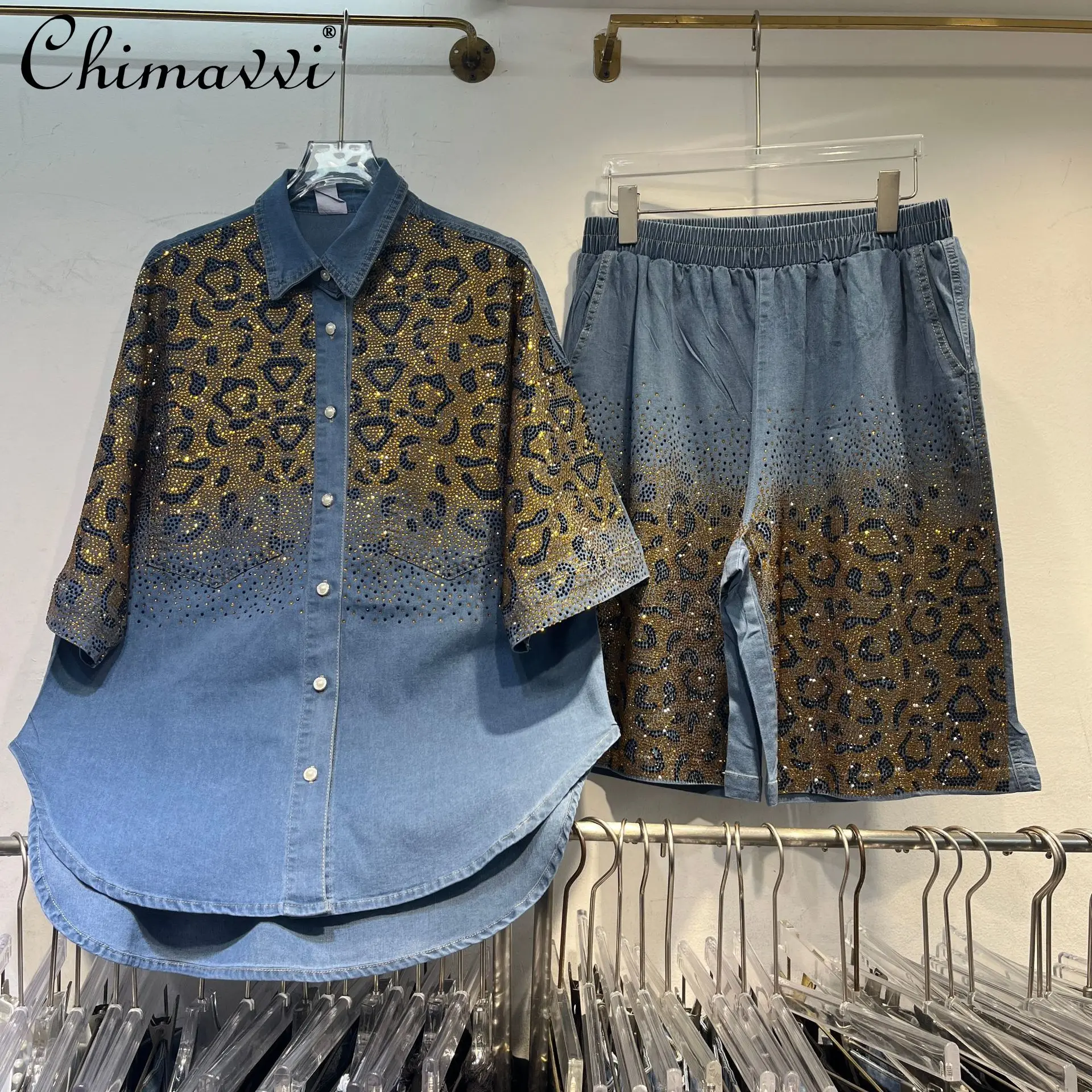 

Denim Suit European Station Heavy Hot Diamond Denim Shirt Top Summer Elastic Waist Denim Shorts Two-piece Set Women Shorts Suit