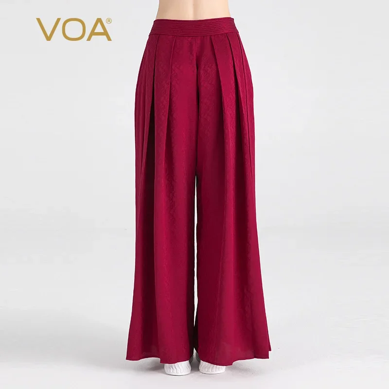 VOA Jacquard Silk Vintage Burgundy Natural Waist Trousers Side Pocket Yoke Pleated Culottes Loose Silk Women Pants Summer KE967