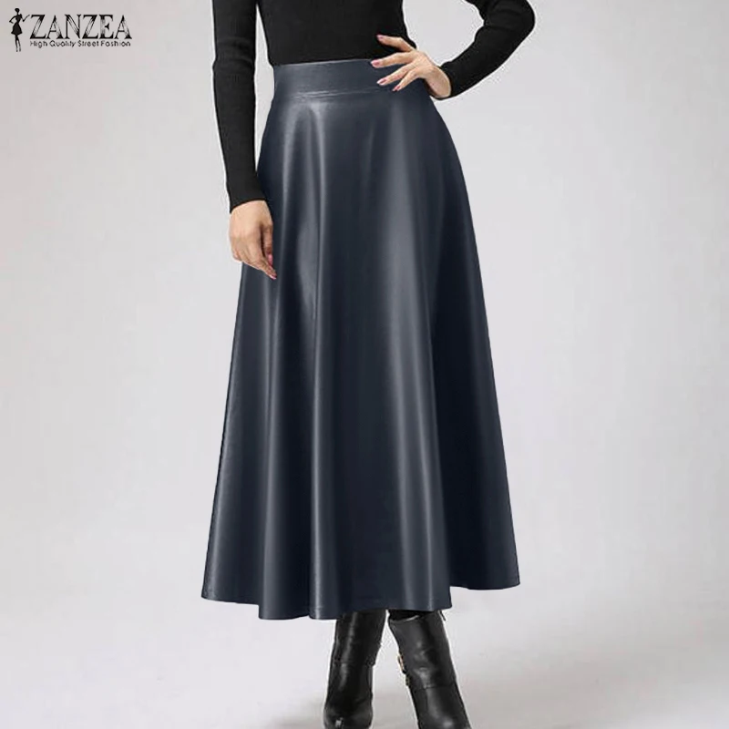 2026 ZANZEA Women Elegant PU Leather Skirts High Waist Zipper Long Bottoms Fashion Casual Solid A-Line Jupes Faldas Saia Street