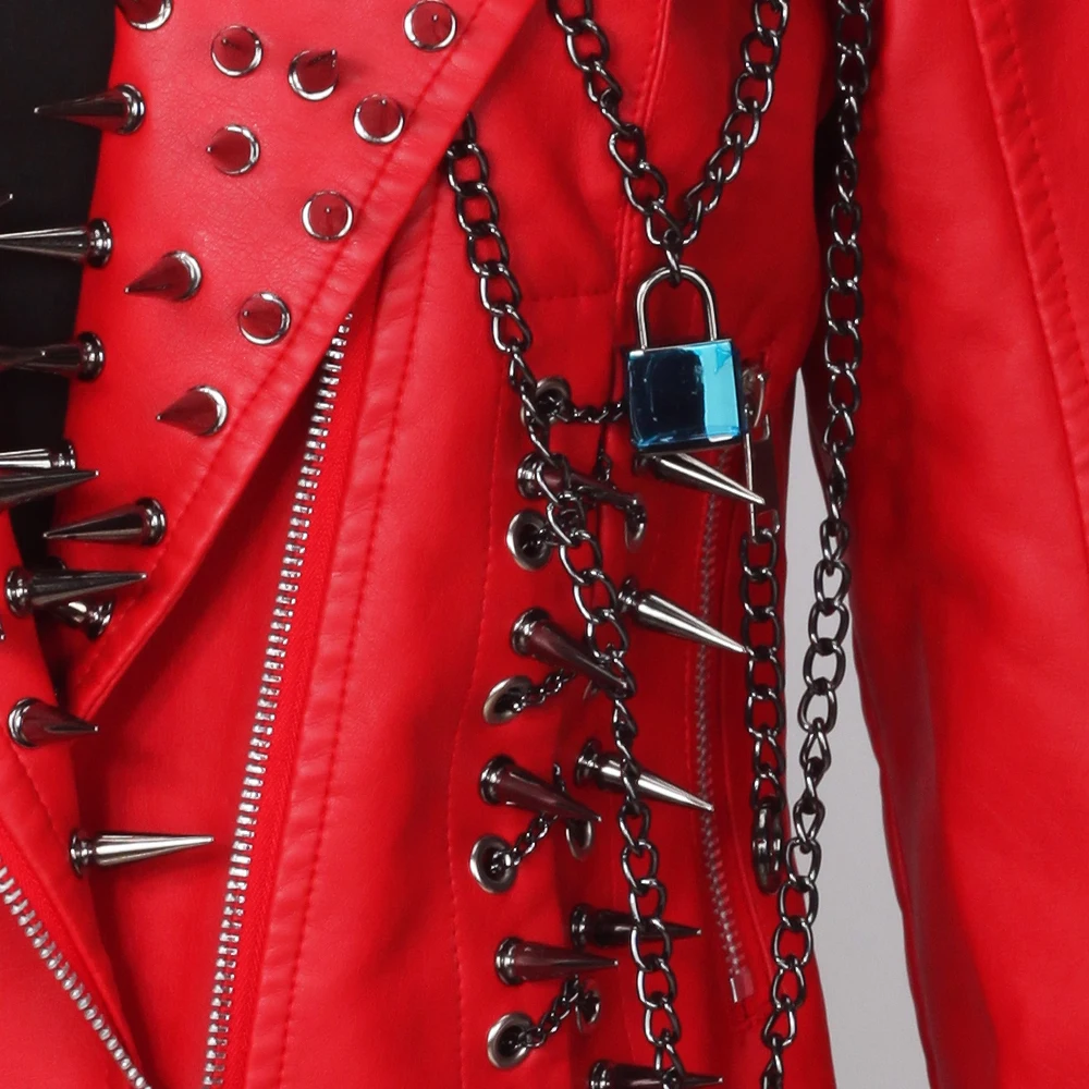 Jaqueta Feminina Vermelha de Couro PU Estilo Gótico Punk Biker com