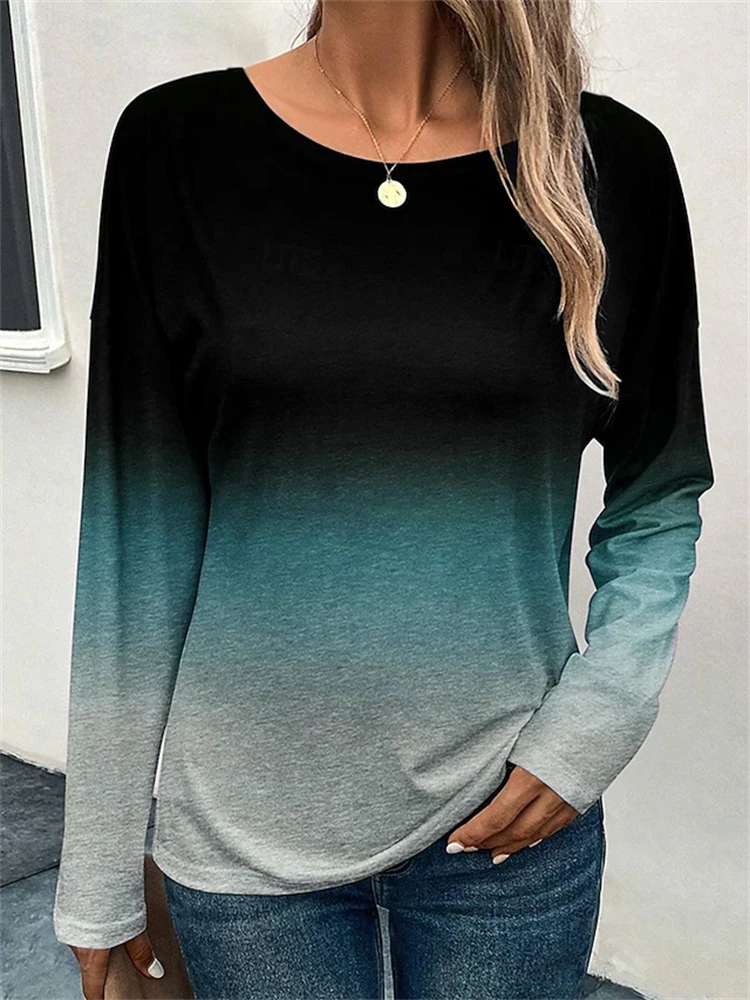 Women's New Fall 2026 Fashionable Long-Sleeve T-Shirt with Gradient Print A Simple Comfortable Top for Work and Commuting