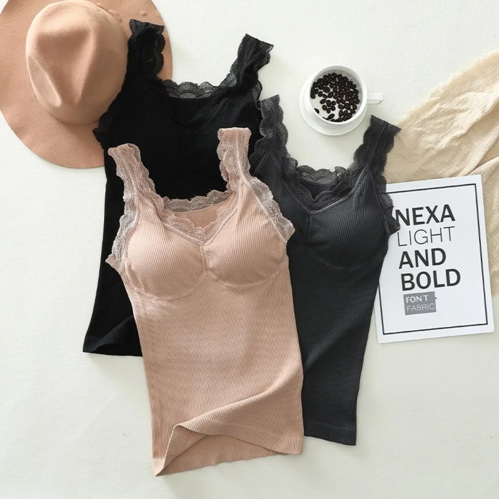 Therme Lingerie Lace Thermal Underwear Sleeveless Thicken Warm Base Layer Vest Seamless Plush Bottoming Camisole Winter
