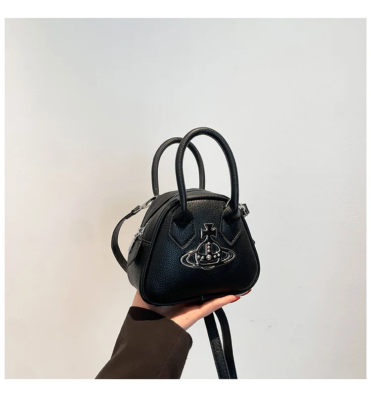 

2025 New Fashion Women's Bowling Bag Litchi Texture Large Capacity Punk Style Shoulder Crossbody