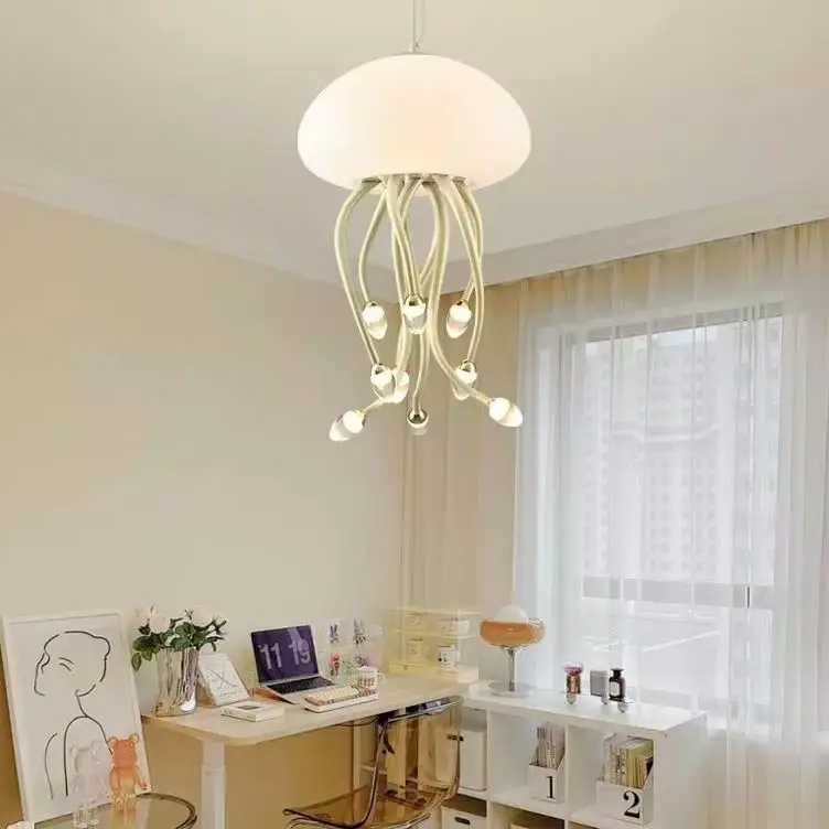 New Jellyfish Branch and Leaf Flower Arrangement Milk Oil Wind Pendant for Bedroom and Home Lighting