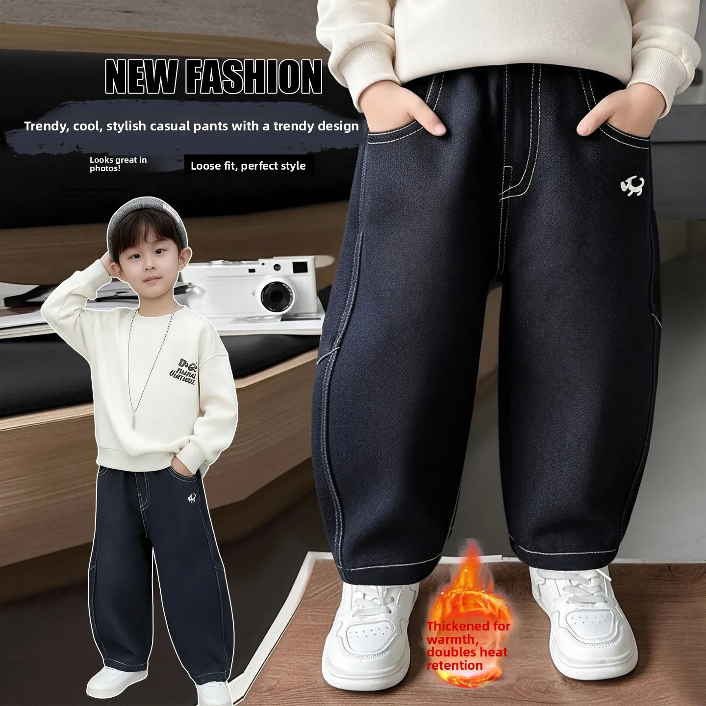 

Джинсы Thiened Fce Cartoon Doggie для мальчиков, осенне-зимние детские джинсы с молнией, прямые, свободного кроя