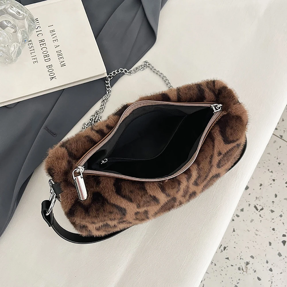 Women's Chic Leopard Underarm Bag Autumn Winter New Soft Plush Crossbody Bags High Grade Versatile Commute One Shoulder Packs
