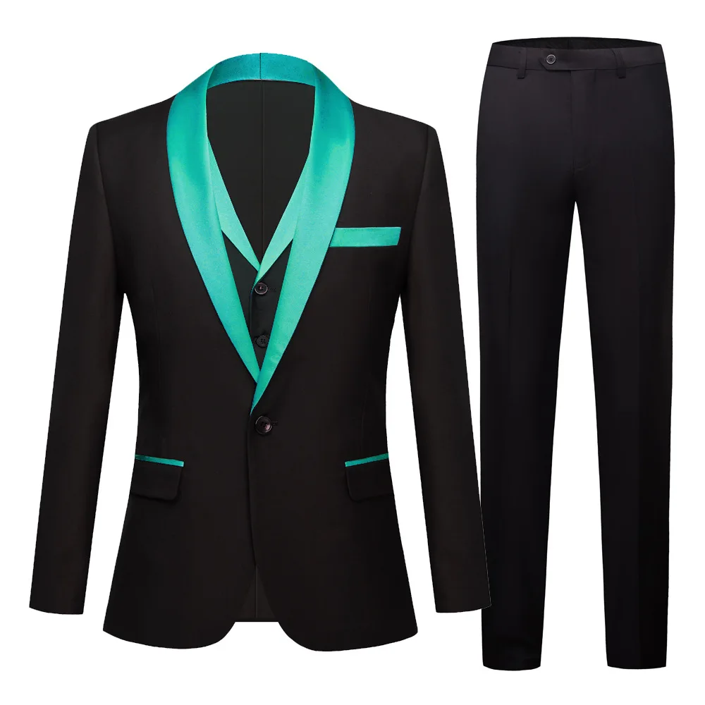 Fashion New Men's Casual Black Blazer Sets 3 Pcs/ Multicolor Small Shawl Collar Party Wedding Singer Show Suit Jacket Pants Vest