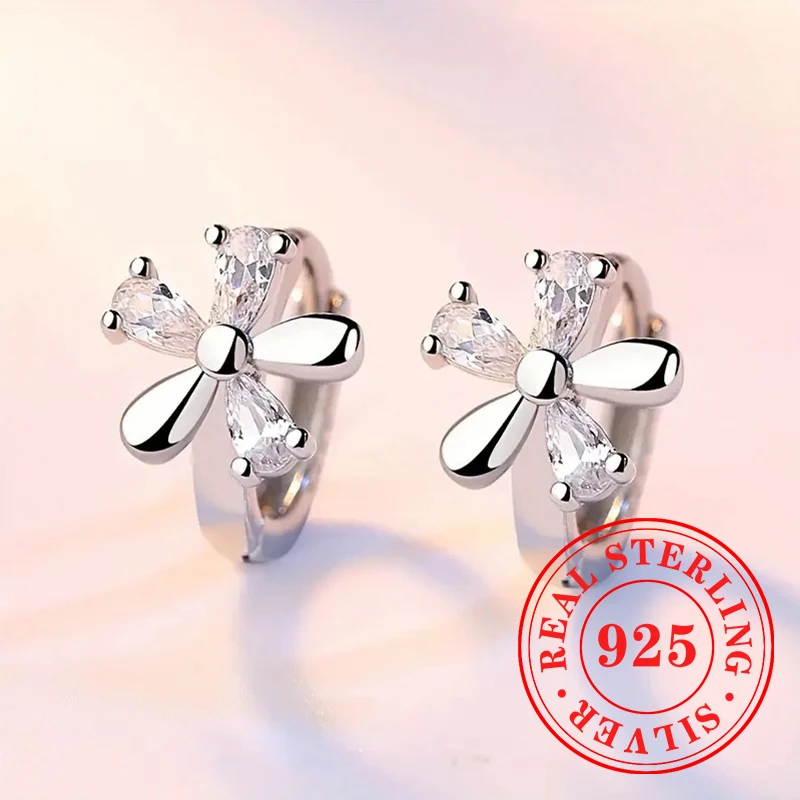 Huitan-pendientes de aro de Plata de Ley 925 con diseño de flores para mujer, accesorios brillantes para la oreja con CZ brillante, joyería de boda dulce