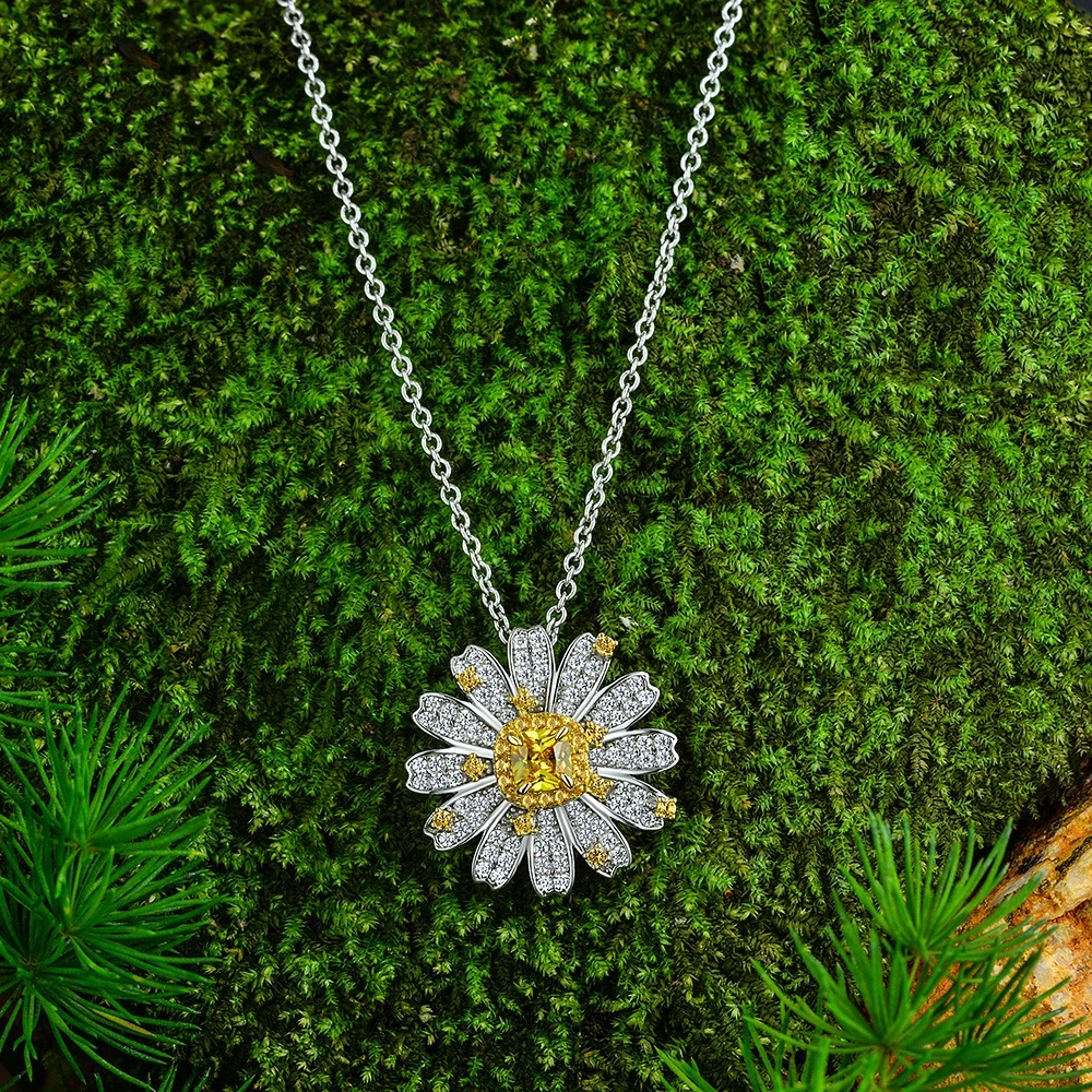 925 Sterling Silver Citrine Flower Pendant Necklace 4mm 0.5ct Gemstone Jewelry for Women Wedding Anniversary Birthday Gift